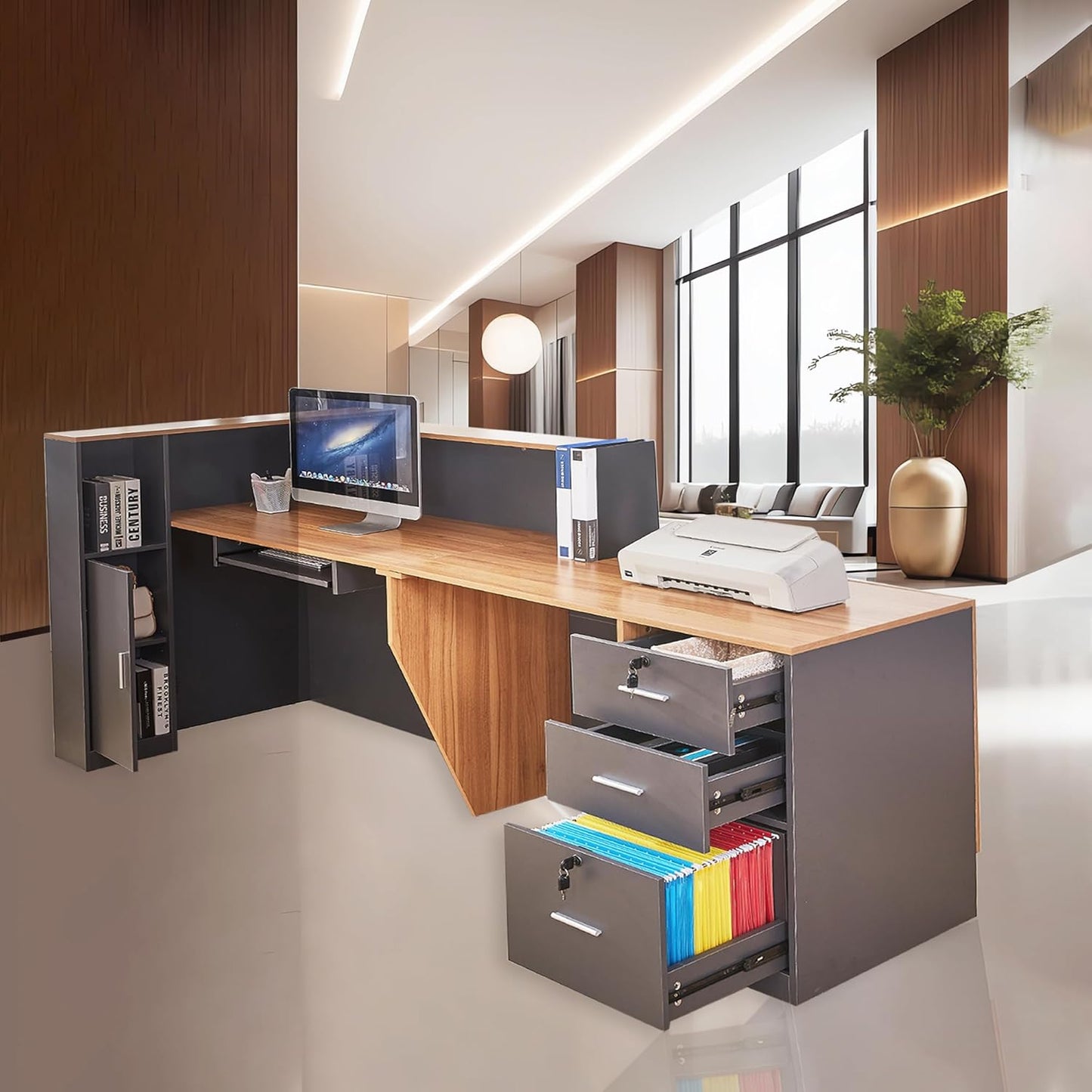 Skiennix L-Shaped Reception Desk - Modern Front Counter with Lockable Drawers & Adjustable Cabinet | Ideal for Beauty Salons & Offices