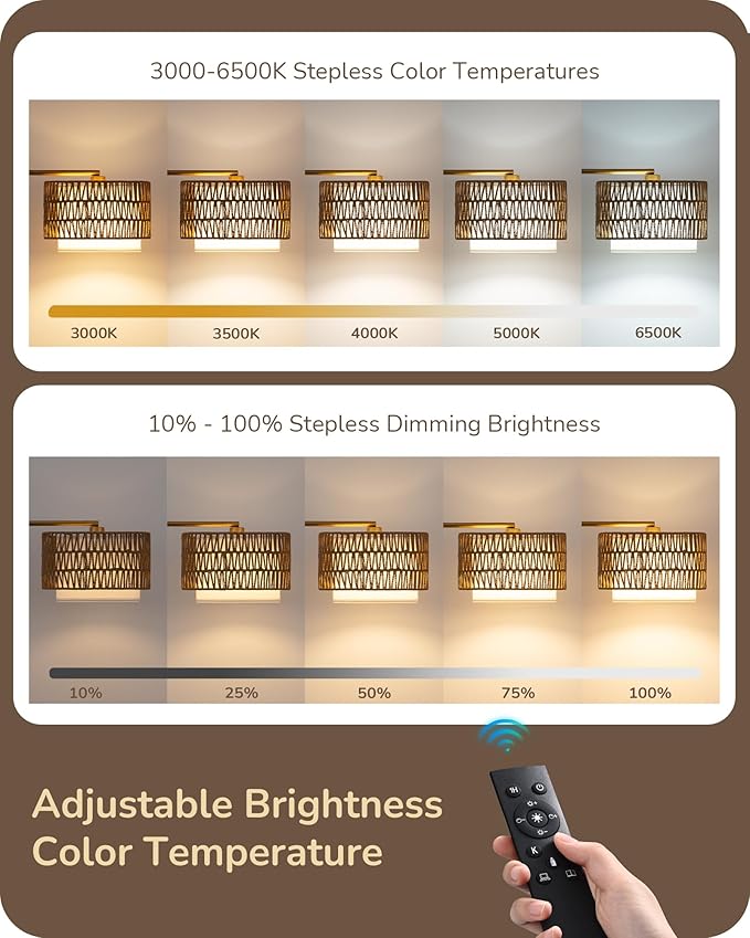 EDISHINE Rattan Floor Lamp for Living Room with Remote & Dimmable LED Bulb,63'' Mid Century Rattan Fabric Shade Standing Lamp with 5 Color Temperature, Farmhouse Boho Standing Lamp for Bedroom Office