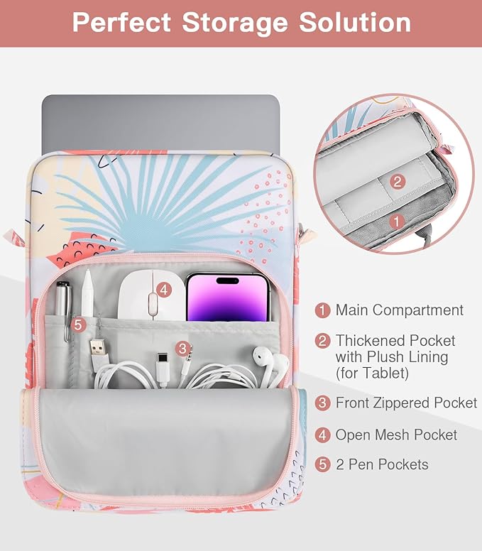 MoKo 15 Inch Laptop Sleeve Bag Fits MacBook Air 15" M2 2023, MacBook Pro 14" M2 2023, Galaxy Tab S9 Utra 14.6" 2023, Handle Carrying Case with Shoulder Strap, Tropical Leaf