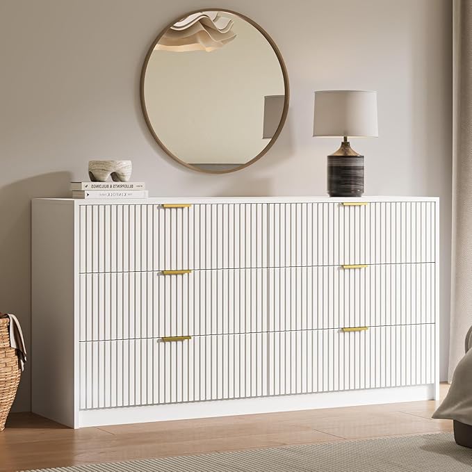 3-Piece Dresser Bedroom Set, 6 Drawer Dresser & 3 Drawer Nightstands with Gold Handles, Fluted Wood Chest of Drawers for Bedroom, Living Room, Entryway, White