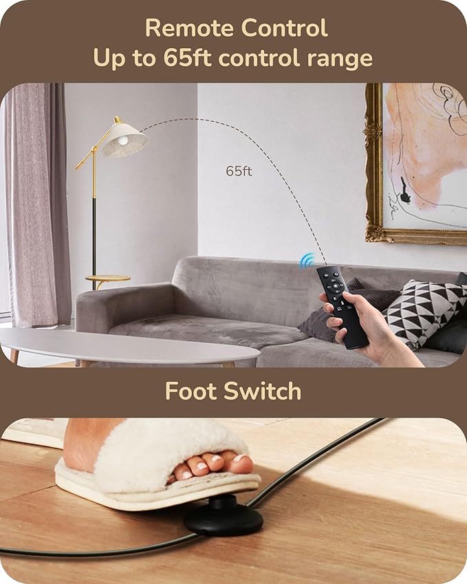 EDISHINE 68" Arc Floor Lamp with Table, Vintage Standing Lamp for Living Room with Tray, Height Adjustable, 5 Color Temperatures LED Bulb Included, Beige Shade, for Bedroom Office, Wood Grain