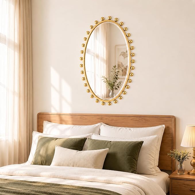 24"x36"Oval Wall Mounted Bathroom Mirror with Beveled Glass, Antique Gold Beaded Ball Frame, Vertical & Horizontal Hanging Vanity Wall Mirror for Bathroom, Bedroom, Entryway, Dressing Room