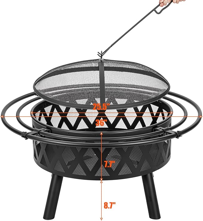 EcoNook 36 Inch Wood Burning Fire Pit with 2 Loops, Outdoor Fire Pit with Spark Screen & Fire Poker, Cross Weave Firepit for Outside Fireplace Bonfire for Yard,Patio, Garden