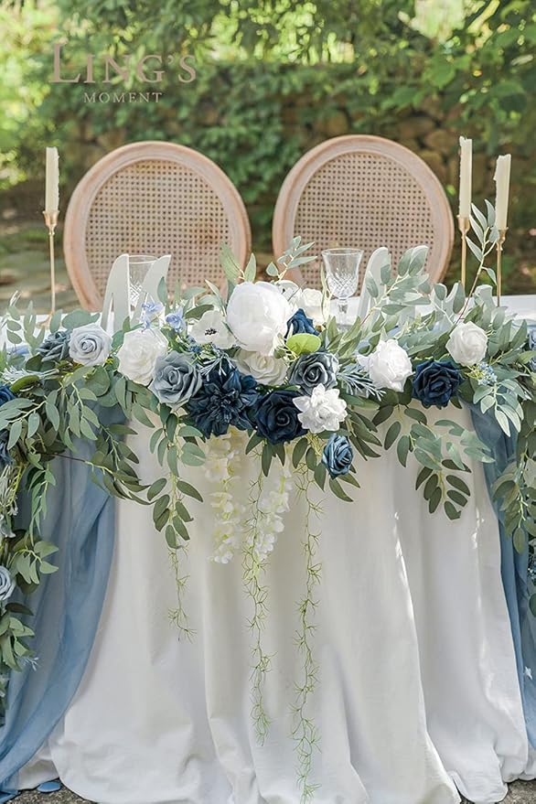 Ling's moment 9FT Spring Flower Garland- Wedding Arch Flowers for Backdrop Decoration, Eucalyptus & Rose, Artificial Floral Garland for Mantle - Sweetheart Head Table Decor for Reception, Dusty Blue