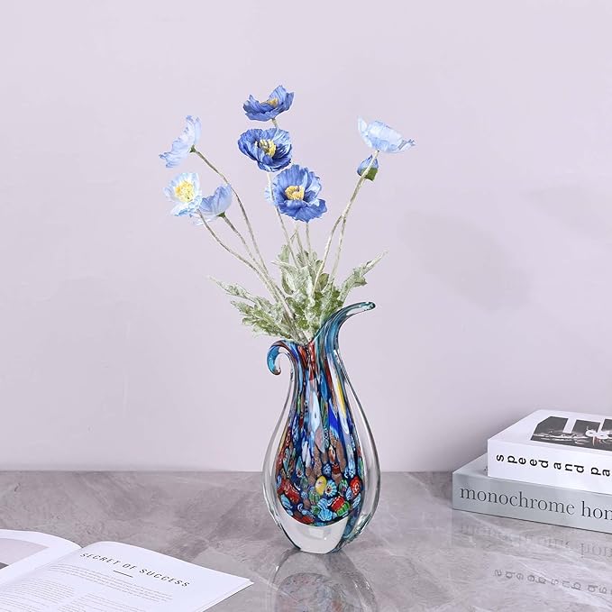 Hand Blown Glass Vase – Oval Decorative Art Glass for Centerpieces, Murano Inspired Decor for Dining Room, Entryway Table, or Shelf, Handmade Glass Vase for Home Display (Blue)