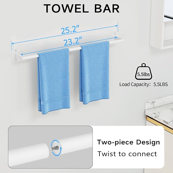 KLJKPA Bathroom Accessories Set, 4 Pieces White Bathroom Hardware Set, 24 inch Towel Bar, Towel Racks for Bathroom, Robe Towel Hooks, Toilet Paper Holder Wall Mounted