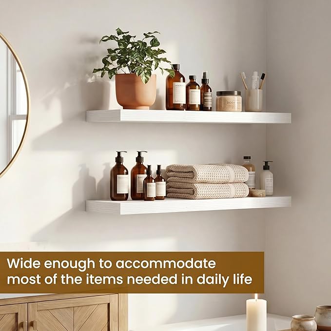 Dreamland Floating Shelves for Wall, 27.5 Inch Long Shelves, Wall Decor for Bedroom, Kitchen, Living Room & Book Storage, Mounted Floating Shelf with Invisible Brackets, Set of 2, White