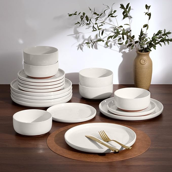 E-far 24-Piece Stoneware Dinnerware Sets, Plates and Bowls Sets for 8, Ceramic Dishware Dishes Set with Terracotta Base, Chip & Scratch Resistant, Microwave & Dishwasher Safe, Speckled White