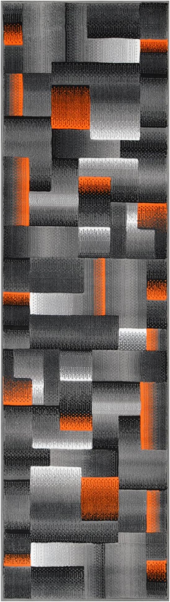 HR 2’ x 7’ Runner in Electric Orange - Premium Quality Orange/Black/Gray Abstract Geometric Modern Squares Pattern Area Rug - Contemporary Styling for Living Room, Bedroom - Unique Home Decor