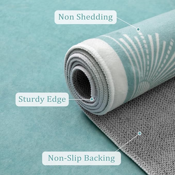 Hedlive Washable 5x7 Nursery Rug, Soft Low Pile Toddler Bedroom Area Rug, Aqua Sun Printed Carpets for Boys Girls Kids Baby Room Playroom Classroom Dorm Living(5'x7',Baby Blue)