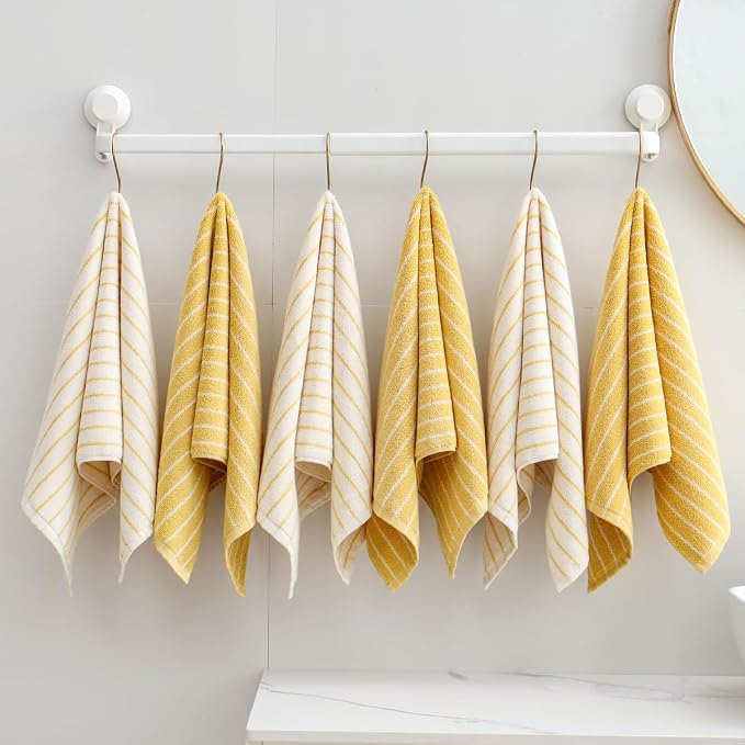 6-Pack Stripe 100% Cotton Hand Towels, Vintage Bathroom Decor, Ultra-Absorbent & Quick-Drying Face & Hand Towel for Adults Kids, Yellow and White Stripe