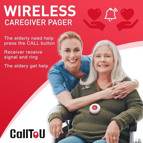 CallToU Wireless Caregiver Pager - Smart Call System with 2 SOS Buttons & 2 Receivers | 500+ Feet Range