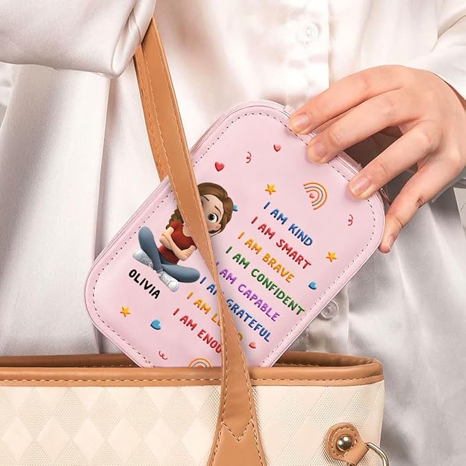 Wrappiness Girls & Women Lovely Makeup Box With LED Mirror - Personalized Jewelry Box Organizer Portable Ideal for Travel, Gift for Daughters Sisters Friends (Kind Smart Loved, Teen Girls)