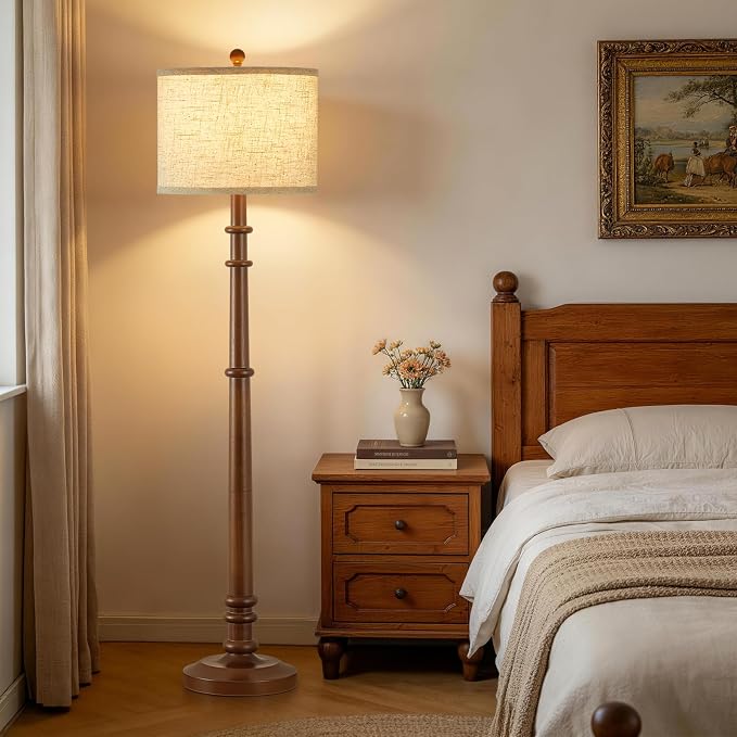 Floor Lamps for Living Room - 60" Wood Farmhouse Floor Lamp with Adjustable Color Temperatures - Vintage Standing Lamp Reading Light with Linen Shade Rustic Tall Lamp for Bedroom Office, Dining Room