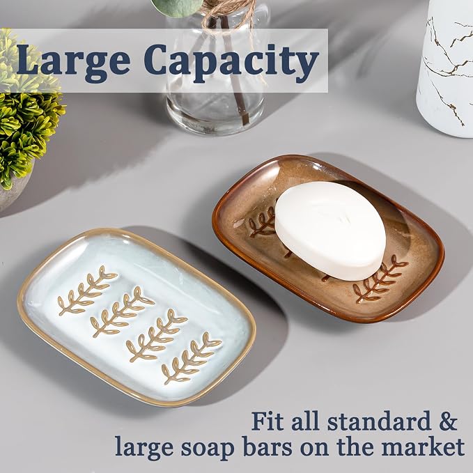 HighHerz Aesthetic Ceramic Soap Dish for Shower, Soap Holder with Raised Relief, Shower Soap Dish for Shampoo Bar Or Sponge, Soap Saver for Bathroom, Kitchen, Sink, Decorative Soap Tray (Brown)