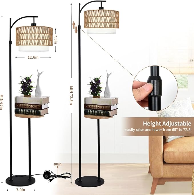 ZECOXOL Arc Floor Lamp with Table and Shelves,Rattan Boho Floor Lamp with Remote Control,Rustic Floor Lamps for Bedroom Wicker Standing Lamp with 3 Color Temperature Tall Lamp for Living Room Corner