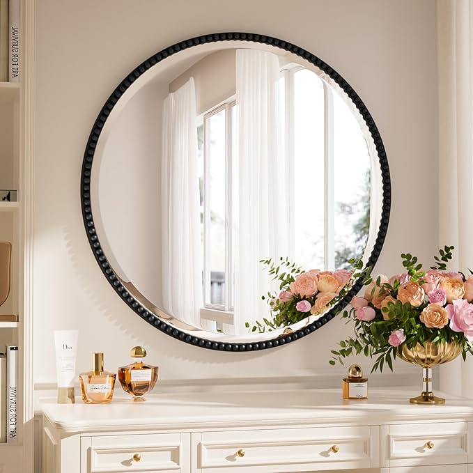 28 Inch Round Bathroom Mirror - Luxurious Retro Beaded Circle Decorative Wall Mirror with PU Frame Hanging Leaning as Art Decor for Entryway, Bedroom, Living Room, Hallway, Black