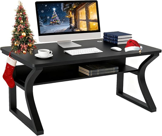 55 inch Computer Desk, Home Office Desk with Storage Shelf, Sturdy U-Shaped Metal Frame Study Table with Cable Management, Gaming Desk for Office & Bedroom (Black, 55 inch)