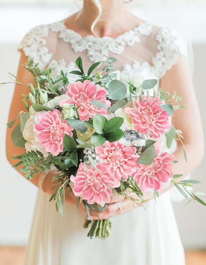 IPOPU 10pcs Pink Dahlia Artificial Flowers 13inch Fake Dahlia Flowers PU Chrysanthemums Flower Faux Mums Flower with Stem for Home Wedding Office Table Centerpiece Floral Arrangement Decor(Pink)