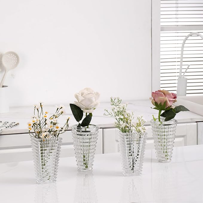 MCMCNCUIU Crystal Flower Vase Set of 4, Glass Vases for Centerpieces, Clear Vases for Flowers, Small Vase for Living Room, Bedroom, Kitchen, Office, Wedding