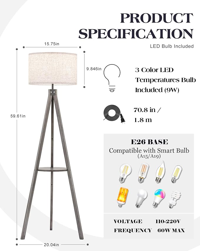ELYONA Farmhouse Wood Tripod Floor Lamp with Table, Modern Reading Standing Lamp with 3 Color Temperatures LED Blub & Linen Shade, Shlef Coner Light for Living Room, Bedroom, Study Room, Office, Grey