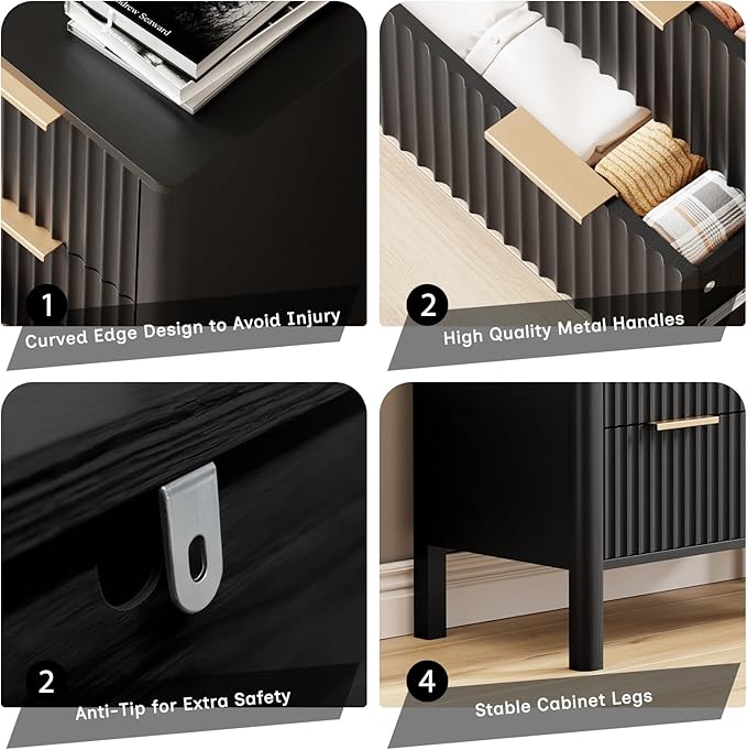 47" Tall Dressers for Bedroom Fluted 5 Drawer Dresser, Wooden Dresser Modern Chest of Drawers Dressers with Organizer Storage for Bedroom, Living Room, Entryway, Black