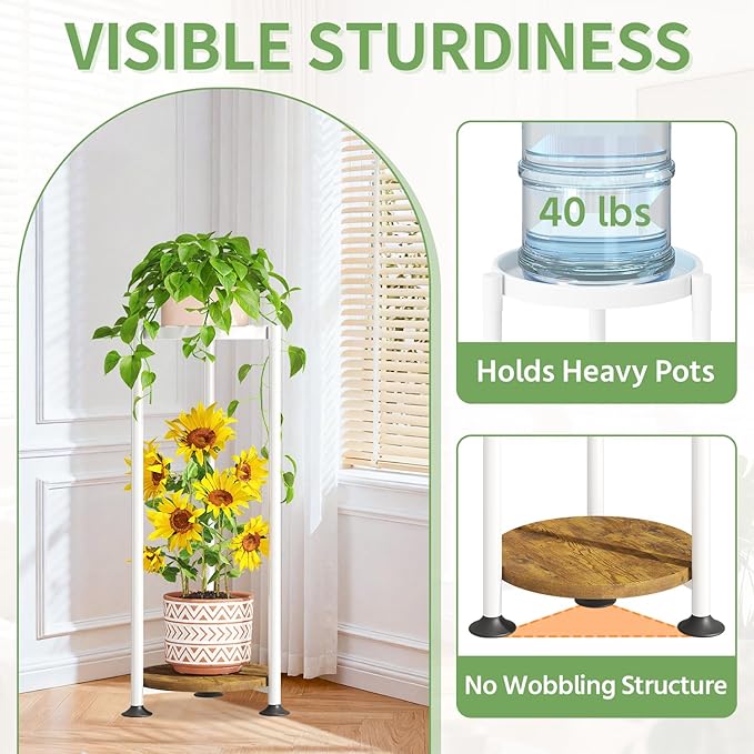 KMOTASUO 2 Tier White Plant Stand Indoor for Large Tall Heavy Duty Planter, Multiple Sturdy Metal Flower Corner Rack for Narrow House Floor, Iron Vertical Level Round Orchi Holder Organizer, Modern
