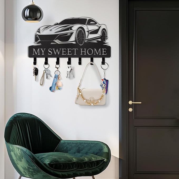 Personalized Metal Key Holder Wall Mount with Hooks, Decorative Car Design Key Hanger for Front Door, Entryway, Hallway, Office