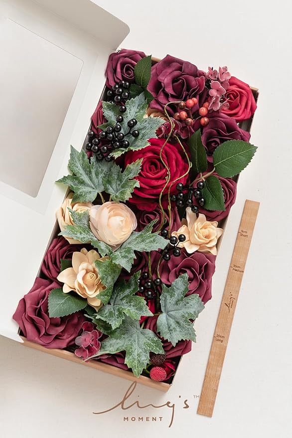 Ling's moment Fake Flowers Box, Faux Greenery Stems Silk Rose Artificial Ranunculus Foam Gardenia for Wedding Bouquets Centerpieces Table Decorations Floral Arrangement, Bordeaux Red, Deluxe Combo