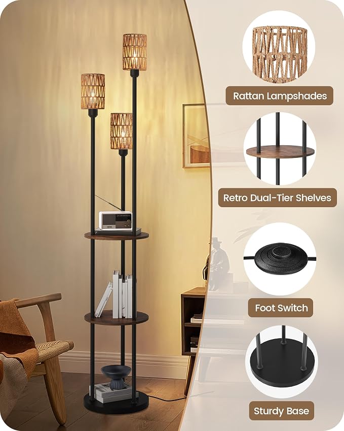 Floor Lamp with Shelves, Boho Floor Lamp with Foot Switch, 3-Light Standing Lamp, for Living Room, Bedroom, Study, Rustic Brown and Yellow YF53LD05 ﻿