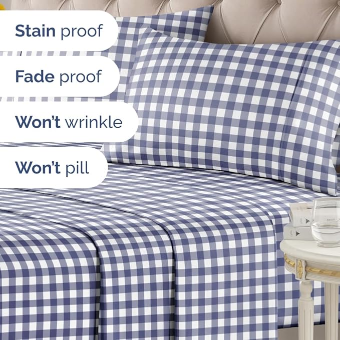 Blue Checkered Sheet Set - 1 Flat & 1 Fitted Sheet & 2 Pillowcases w/ Deep Pockets - Grid, Plaid, Gingham Pattern Bed Set - Comfy, Wrinkle & Fade Resistant - Soft, Breathable and Cooling - Full Size