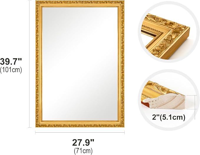 Gold Vintage Mirror, 40'' x 28'' Traditional Ornate Wall Mirrors with Antique Gold Frame, Decorative Mirrors for Living Room, Bathroom, Bedroom