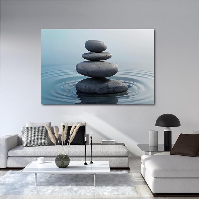 Zen wall art Harmonious grey stones stacked on a calm surface of water Serene Zen decor suitable for tranquil homes and spaces of meditation 24x36in Frameless