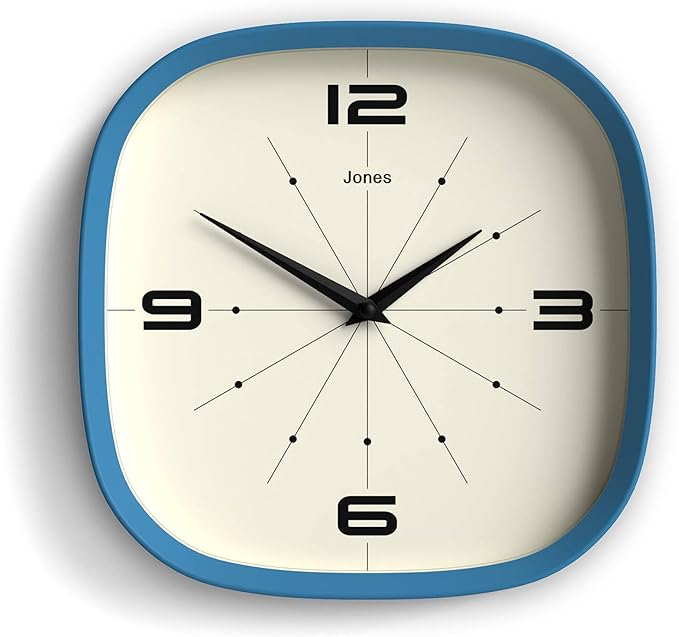 JONES CLOCKS® Pulsar wall Clock | Square Rounded Retro Clock | 10 inch | Blue | Cool Designer Look for Kitchen, Living Room or Office