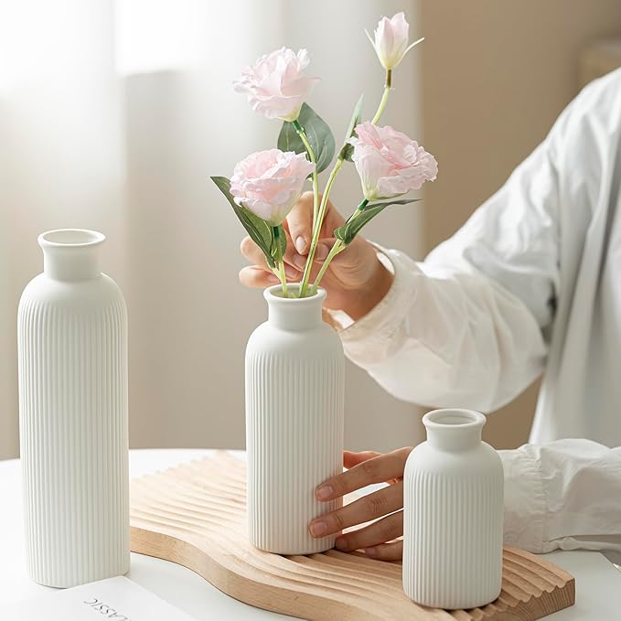Modern Ceramic Vase Set, White Ribbed Matte Design, 3-Piece Decorative Vases for Home, Living Room, Office (White)
