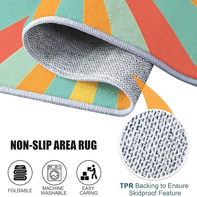 3x4 Washable Area Rug, Colorful Retro Sunburst Stripes Design Non Slip Non-Shedding Rug Easy Care for Living Room Bedroom Kitchen Office Carpet