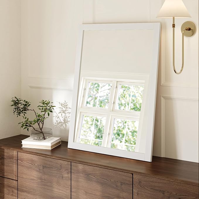 ARIEL Rectangular Wooden Mirror 30" x 40" in White, Flexible Horizontal/Vertical Hanging for Bathroom, Vanity, Entryway & Living Room Decor, Farmhouse Style