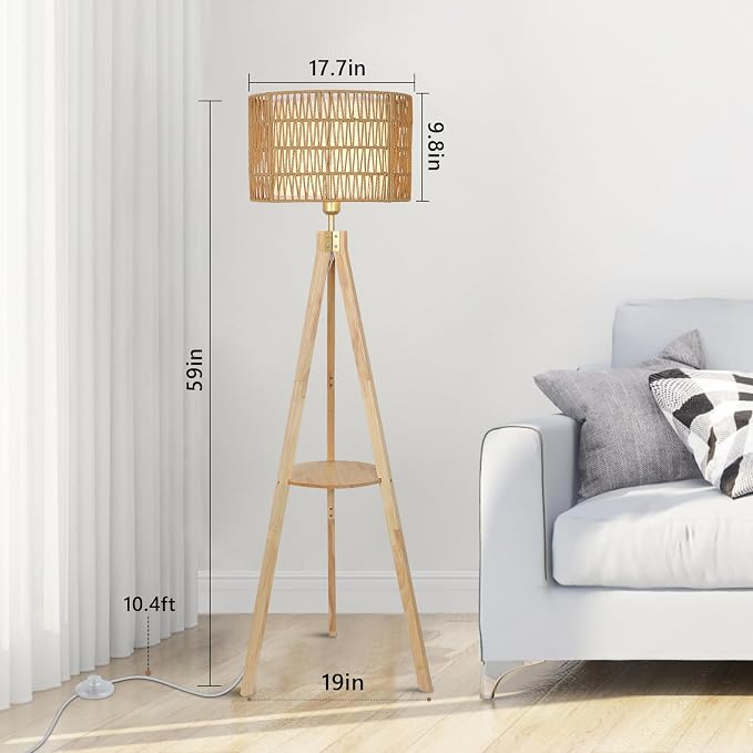 LAMSU Oak Wood Tripod Floor Lamps for Living Room, Boho Floor Lamp with Shelves, Mid Century Rattan Standing Lamp with Fabric Shade, ON/Off Switch, Farmhouse Tall Floor Lamps for Bedroom Office