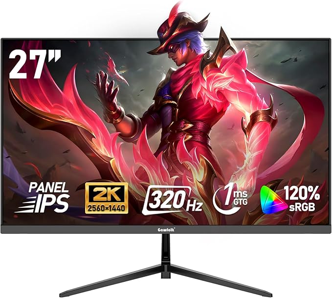 Gawfolk 27 inch IPS 2K QHD(2560×1440) PC Screen,320Hz Gaming Computer Monitor, 1ms Without Bezel, FreeSync,120% sRGB, HDMI2.0、DisplayPort, 75 * 75MM Wall Mount Compatible - Black