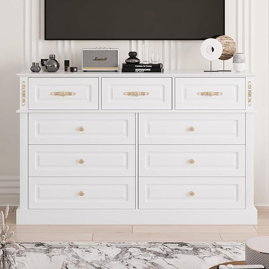63Wx39H Large Dresser White,9 Drawers Dresser for Bedroom,Retro Chest of Drawers with Gold Knobs, Wooden Storage Dressers, Bedroom Storage Organizer for Closet, Living Room, Hallway