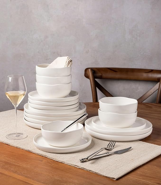 TheTerra Ceramic Dinnerware Sets for 4, 12 Pieces Handmade Reactive Glaze Plates and Bowls Set, Scratch Resistant Dish Set, Oven & Microwave & Dishwasher Safe, White Speckled