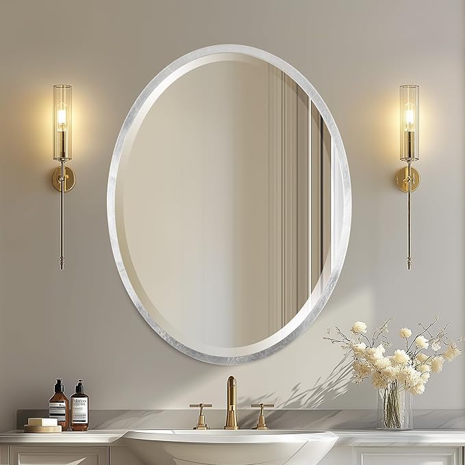 OVALCREST - Oval Wooden Beveled Wall Mirror for Home Decor, Bathroom, Vanity, Bedroom, Living Room, Hallway - London Style (Silver Leaf with Brown Antique) 41.1 x 31.1