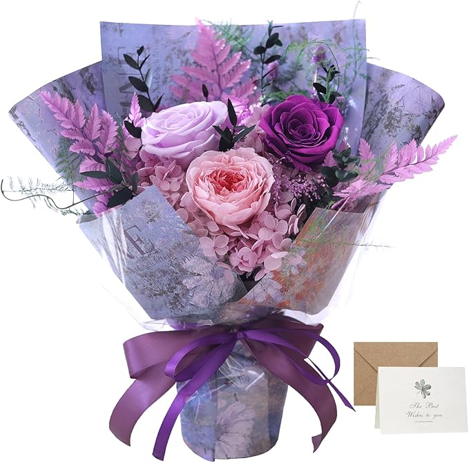 Preserved Roses Bouquets,Flowers for Delivery, Eteranl Purple Rose Bouquets Long-Lasting Real Flowers,Birthday Flowers Gifts for Mom Women Friends, Mothers Day for Grandma Wife Her(Purple)