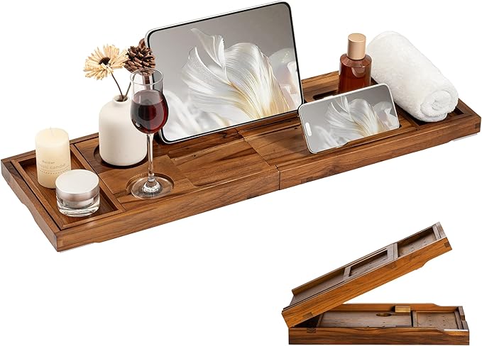 Teak Bathtub Tray for Tub, Expandable Bath Tray 28–40in, Foldable Bathtub Caddy with Wine Glass Holder, Phone & Book Stand, Wooden Bath Tray Organizer, Luxury Bathroom Accessories Gift - Light Walnut
