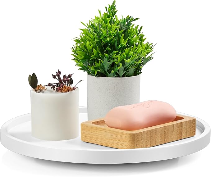10" Wood Lazy Susan Turntable Organizer, Lazy Susan for Table Top Cabinet Dining Pantry Countertop Cupboard Organization, Decorative Tray for Kitchen Bathroom Decor Coffee Bar Accessories, White