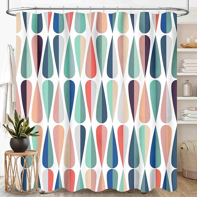 Mid Century Shower Curtain, Modern Abstract Geometric Pattern Vintage Retro 1950s 1960s Geo Pattern Art Pastel Waterproof Fabric Bathroom Shower Curtain Set with Hooks, 72"x78" Inch