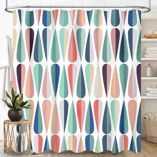 Mid Century Shower Curtain, Modern Abstract Geometric Pattern Vintage Retro 1950s 1960s Geo Pattern Art Pastel Waterproof Fabric Bathroom Shower Curtain Set with Hooks, 72"x78" Inch