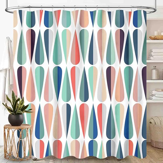 Mid Century Shower Curtain, Modern Abstract Geometric Pattern Vintage Retro 1950s 1960s Geo Pattern Art Pastel Waterproof Fabric Bathroom Shower Curtain Set with Hooks, 72"x84" Inch