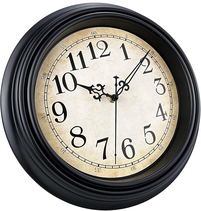 Plumeet Retro Wall Clock, 12'' Non Ticking Classic Silent Vintage Wall Clocks Decorative Kitchen Living Room Bedroom - Battery Operated, Black