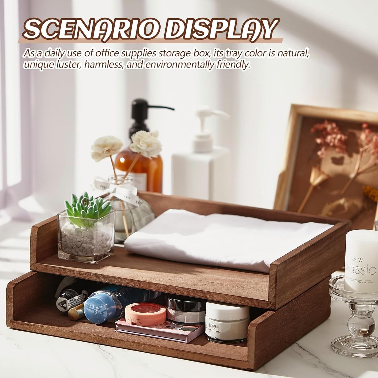 Yeaqee Stackable Paper Organizer Tray - Wood Desk Organizer for Letter Size Documents | Dark Wood Finish